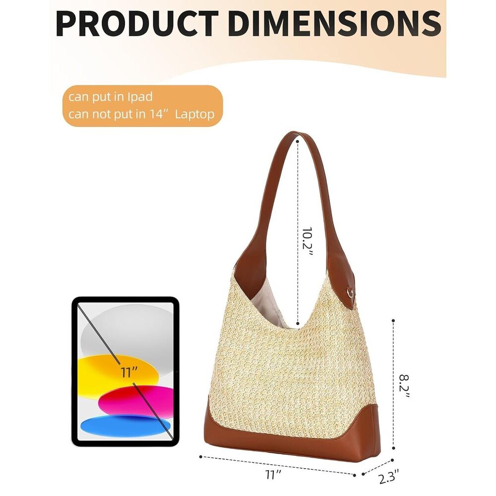 Woven Straw Hobo Tote Bag for Women Brown - Picture 5 of 8